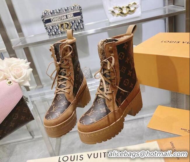 Buy Discount Louis Vuitton Laureate Platform Desert Ankle Boots in Brown Suede and Monogram Canvas 218032