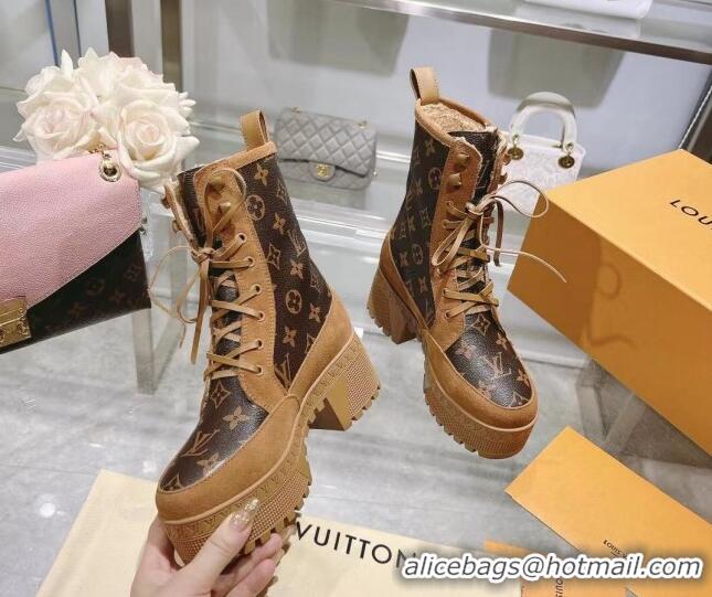 Buy Discount Louis Vuitton Laureate Platform Desert Ankle Boots in Brown Suede and Monogram Canvas 218032