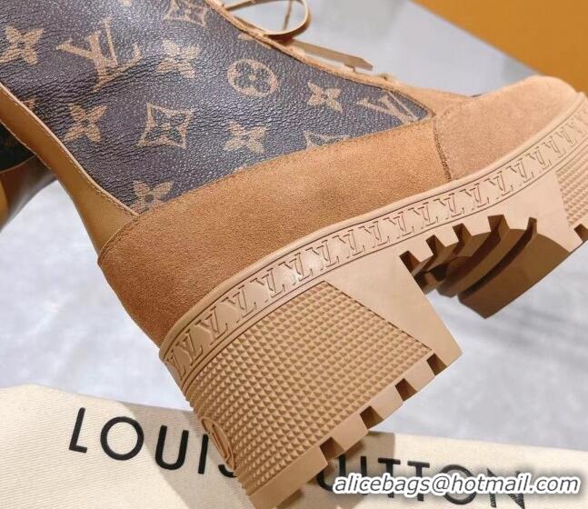 Buy Discount Louis Vuitton Laureate Platform Desert Ankle Boots in Brown Suede and Monogram Canvas 218032