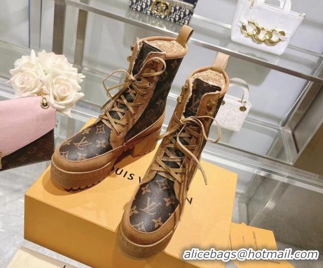 Buy Discount Louis Vuitton Laureate Platform Desert Ankle Boots in Brown Suede and Monogram Canvas 218032