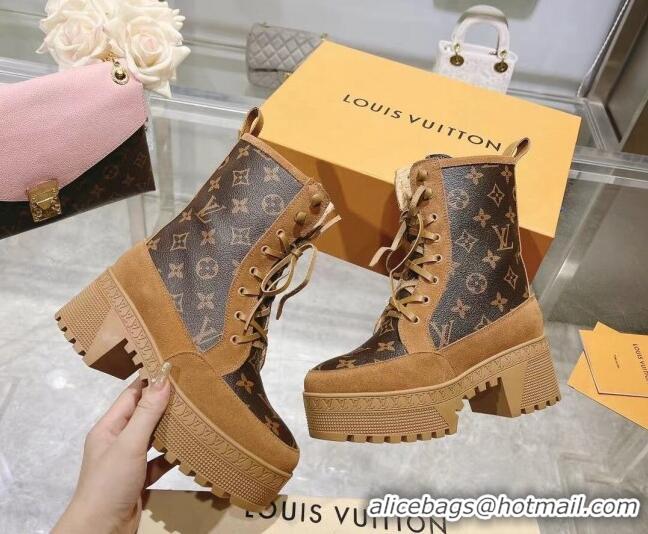 Buy Discount Louis Vuitton Laureate Platform Desert Ankle Boots in Brown Suede and Monogram Canvas 218032