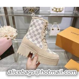 Perfect Louis Vuitton Laureate Platform Desert Ankle Boots in Beige Suede and Damier Azur Canvas 218033