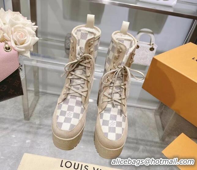 Perfect Louis Vuitton Laureate Platform Desert Ankle Boots in Beige Suede and Damier Azur Canvas 218033