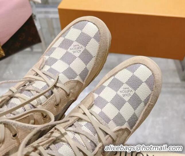 Perfect Louis Vuitton Laureate Platform Desert Ankle Boots in Beige Suede and Damier Azur Canvas 218033