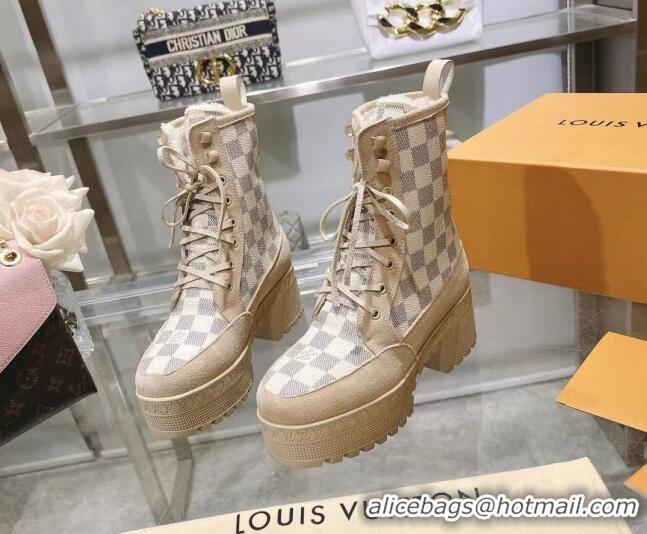 Perfect Louis Vuitton Laureate Platform Desert Ankle Boots in Beige Suede and Damier Azur Canvas 218033