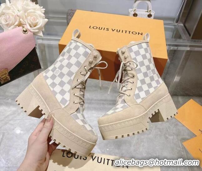 Perfect Louis Vuitton Laureate Platform Desert Ankle Boots in Beige Suede and Damier Azur Canvas 218033