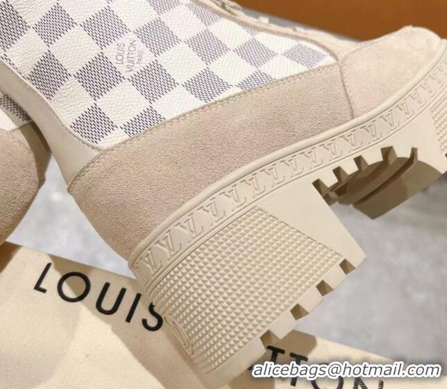 Perfect Louis Vuitton Laureate Platform Desert Ankle Boots in Beige Suede and Damier Azur Canvas 218033