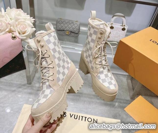 Perfect Louis Vuitton Laureate Platform Desert Ankle Boots in Beige Suede and Damier Azur Canvas 218033