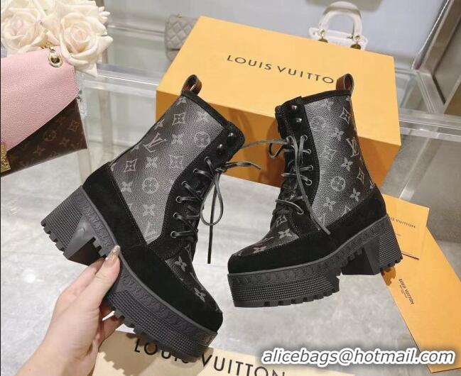 Sumptuous Louis Vuitton Laureate Platform Desert Ankle Boots in Black Suede and Monogram Canvas 218034