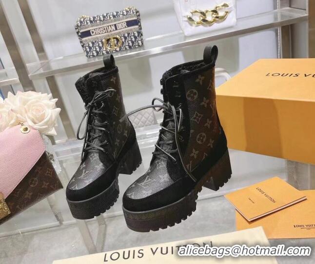 Sumptuous Louis Vuitton Laureate Platform Desert Ankle Boots in Black Suede and Monogram Canvas 218034