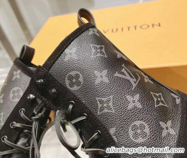 Sumptuous Louis Vuitton Laureate Platform Desert Ankle Boots in Black Suede and Monogram Canvas 218034