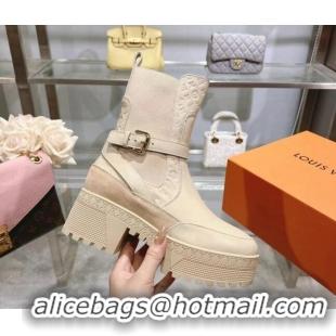 Stylish Louis Vuitton Laureate Platform Desert Ankle Boots in Leather with Strap Buckle Pale Beige 218035