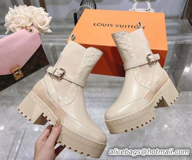 Stylish Louis Vuitton Laureate Platform Desert Ankle Boots in Leather with Strap Buckle Pale Beige 218035