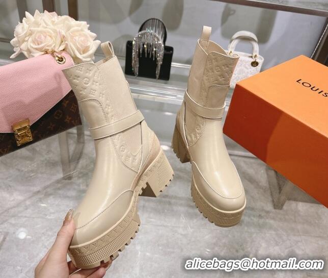 Stylish Louis Vuitton Laureate Platform Desert Ankle Boots in Leather with Strap Buckle Pale Beige 218035