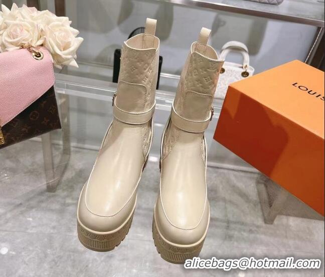 Stylish Louis Vuitton Laureate Platform Desert Ankle Boots in Leather with Strap Buckle Pale Beige 218035