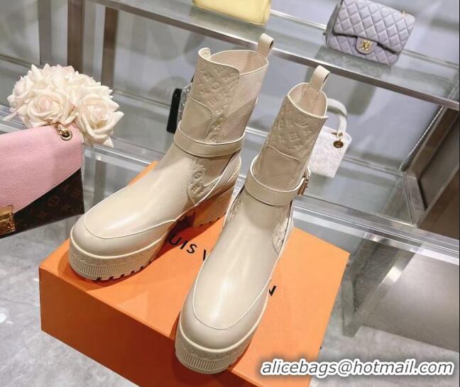 Stylish Louis Vuitton Laureate Platform Desert Ankle Boots in Leather with Strap Buckle Pale Beige 218035