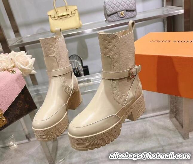 Stylish Louis Vuitton Laureate Platform Desert Ankle Boots in Leather with Strap Buckle Pale Beige 218035