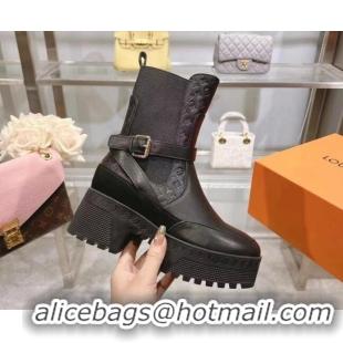 Good Quality Louis Vuitton Laureate Platform Desert Ankle Boots in Leather with Strap Buckle Black 218036