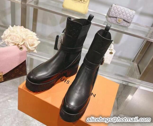 Good Quality Louis Vuitton Laureate Platform Desert Ankle Boots in Leather with Strap Buckle Black 218036