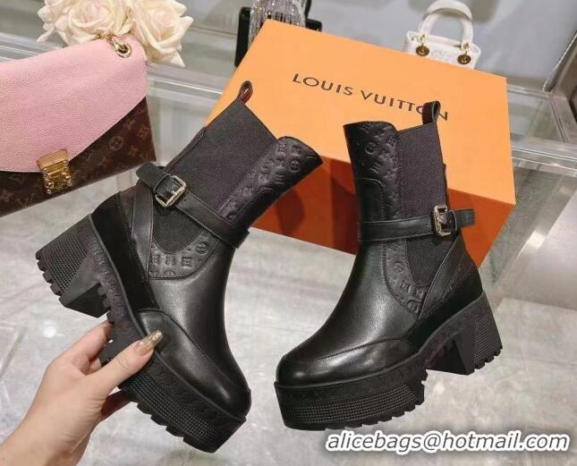 Good Quality Louis Vuitton Laureate Platform Desert Ankle Boots in Leather with Strap Buckle Black 218036