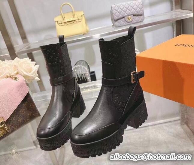 Good Quality Louis Vuitton Laureate Platform Desert Ankle Boots in Leather with Strap Buckle Black 218036