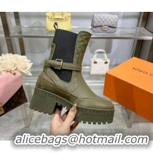 Stylish Louis Vuitton Laureate Platform Desert Ankle Boots in Leather with Strap Buckle Green 218037