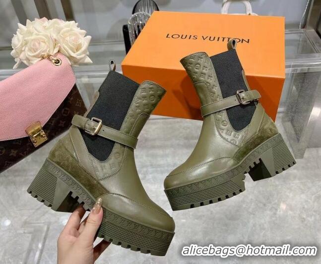 Stylish Louis Vuitton Laureate Platform Desert Ankle Boots in Leather with Strap Buckle Green 218037