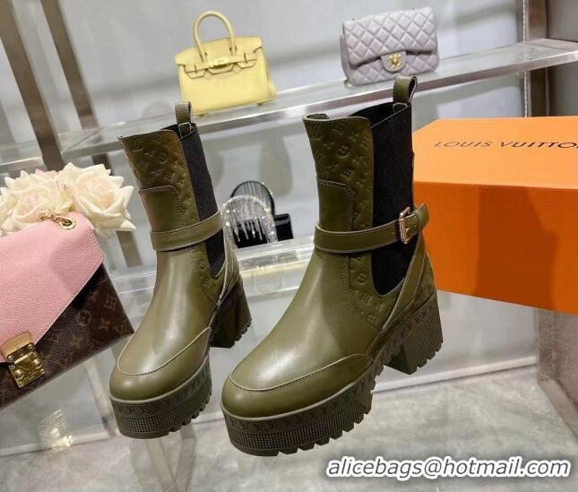 Stylish Louis Vuitton Laureate Platform Desert Ankle Boots in Leather with Strap Buckle Green 218037