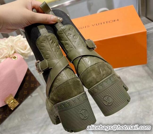 Stylish Louis Vuitton Laureate Platform Desert Ankle Boots in Leather with Strap Buckle Green 218037