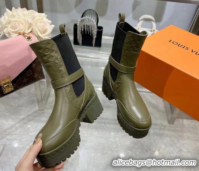 Stylish Louis Vuitton Laureate Platform Desert Ankle Boots in Leather with Strap Buckle Green 218037