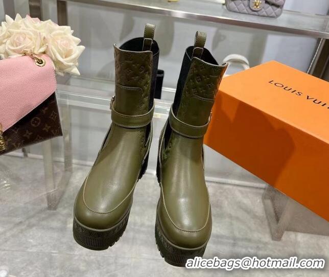 Stylish Louis Vuitton Laureate Platform Desert Ankle Boots in Leather with Strap Buckle Green 218037