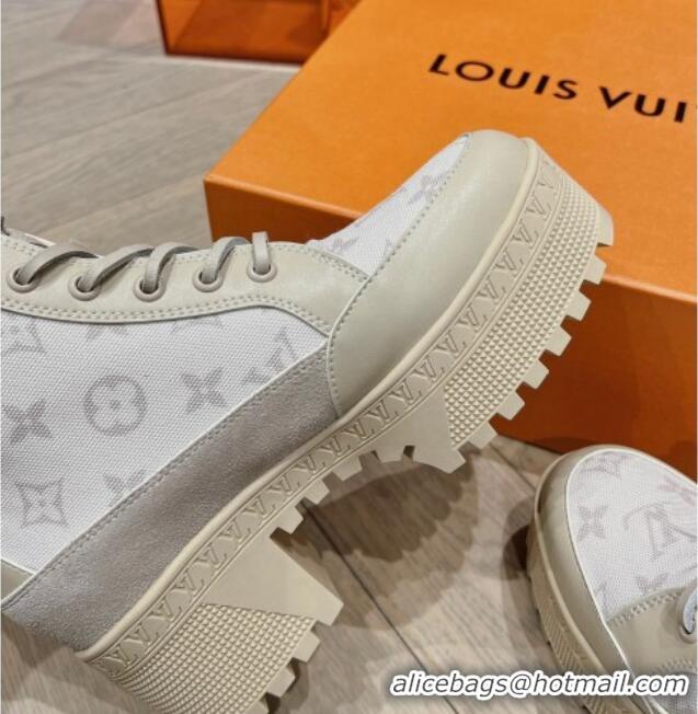 Grade Quality Louis Vuitton Laureate Platform Desert Ankle Boots in Leather and Mesh Beige 218039