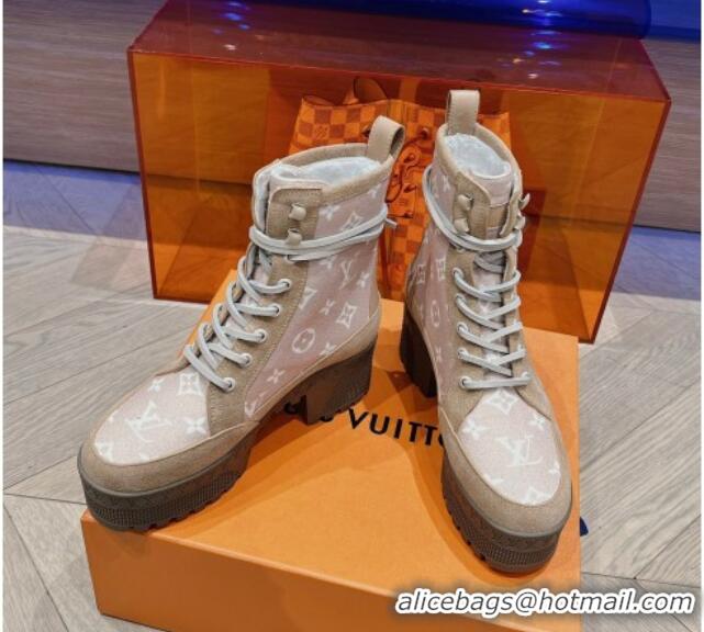 Best Price Louis Vuitton Laureate Platform Desert Ankle Boots in Monogram Wool Brown/Grey 218040