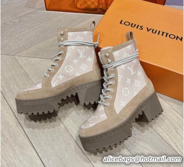 Best Price Louis Vuitton Laureate Platform Desert Ankle Boots in Monogram Wool Brown/Grey 218040