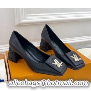 Top Grade Louis Vuitton Shake Pumps 5.5cm in Calf Leather with Quilted Block Heel Black 218042