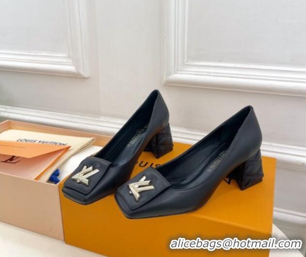 Top Grade Louis Vuitton Shake Pumps 5.5cm in Calf Leather with Quilted Block Heel Black 218042