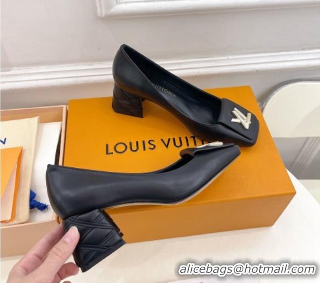 Top Grade Louis Vuitton Shake Pumps 5.5cm in Calf Leather with Quilted Block Heel Black 218042