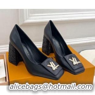 Good Quality Louis Vuitton Shake Pumps 9cm in Calf Leather with Quilted Block Heel Black 218045