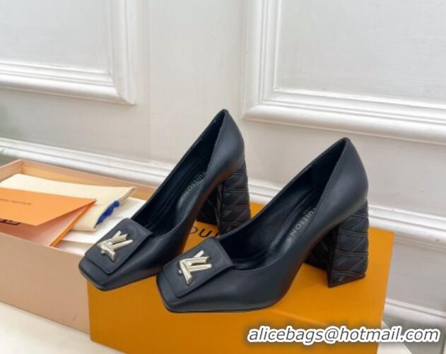 Good Quality Louis Vuitton Shake Pumps 9cm in Calf Leather with Quilted Block Heel Black 218045