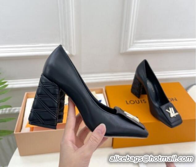 Good Quality Louis Vuitton Shake Pumps 9cm in Calf Leather with Quilted Block Heel Black 218045