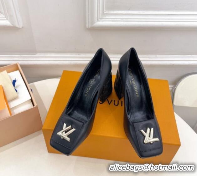 Good Quality Louis Vuitton Shake Pumps 9cm in Calf Leather with Quilted Block Heel Black 218045