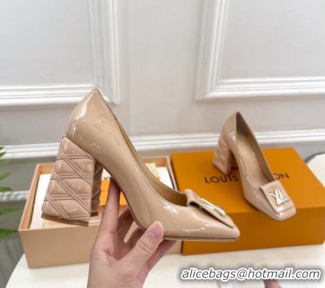 Best Product Louis Vuitton Shake Pumps 9cm in Patent Leather with Quilted Block Heel Nude 218046