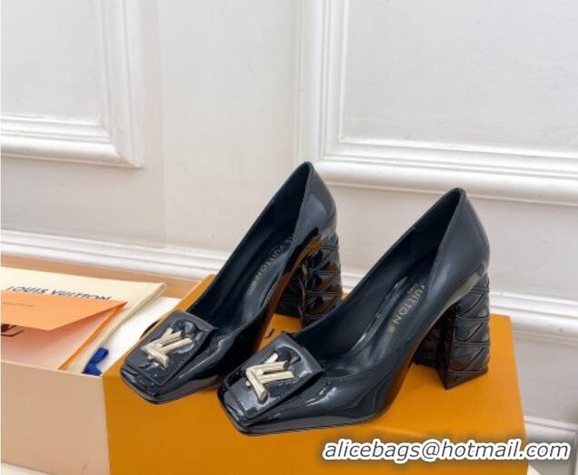 Pretty Style Louis Vuitton Shake Pumps 9cm in Patent Leather with Quilted Block Heel Black 218047