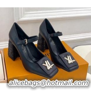 Low Cost Louis Vuitton Shake Mary Janes Pump 9cm in Calf Leather with Quilted Block Heel Black 218048