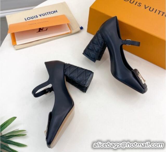 Low Cost Louis Vuitton Shake Mary Janes Pump 9cm in Calf Leather with Quilted Block Heel Black 218048