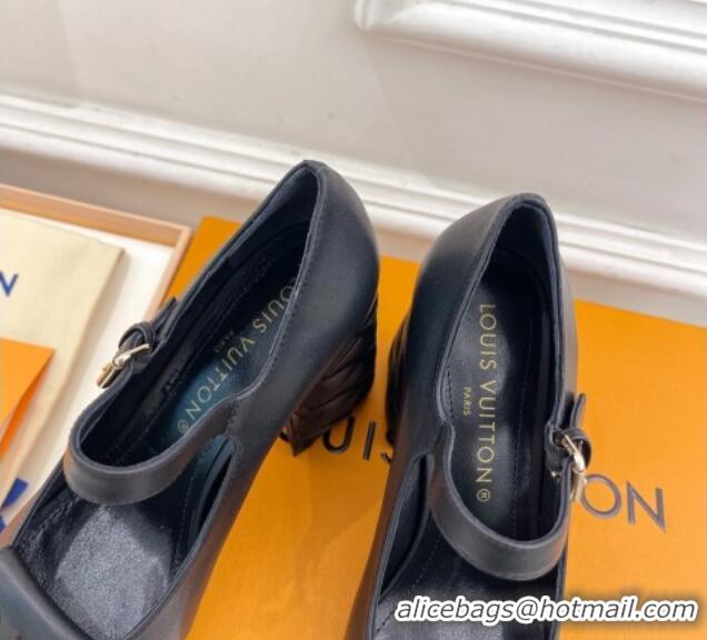 Low Cost Louis Vuitton Shake Mary Janes Pump 9cm in Calf Leather with Quilted Block Heel Black 218048