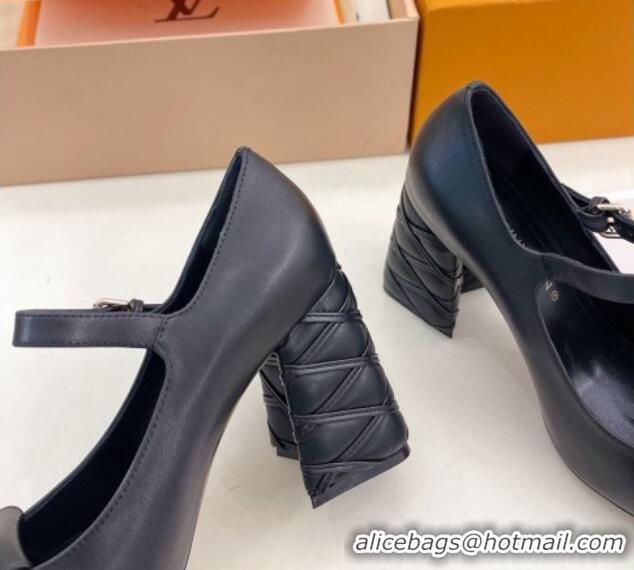 Low Cost Louis Vuitton Shake Mary Janes Pump 9cm in Calf Leather with Quilted Block Heel Black 218048