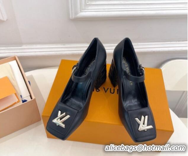 Low Cost Louis Vuitton Shake Mary Janes Pump 9cm in Calf Leather with Quilted Block Heel Black 218048