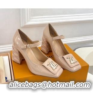 Popular Style Louis Vuitton Shake Mary Janes Pump 9cm in Patent Leather with Quilted Block Heel Nude 218049