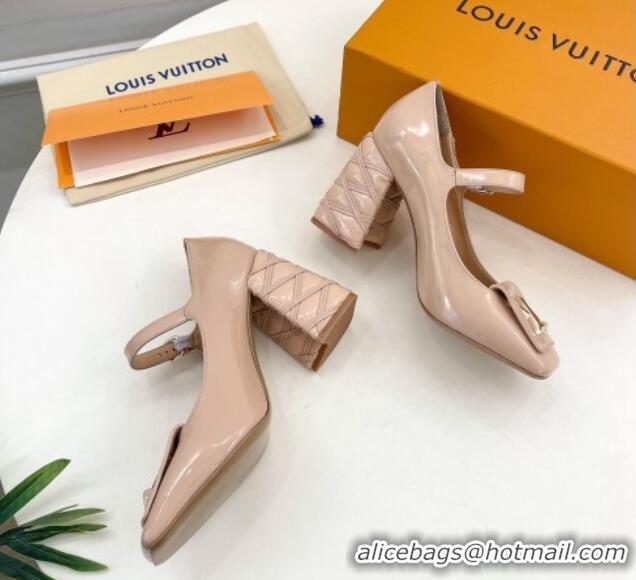 Popular Style Louis Vuitton Shake Mary Janes Pump 9cm in Patent Leather with Quilted Block Heel Nude 218049